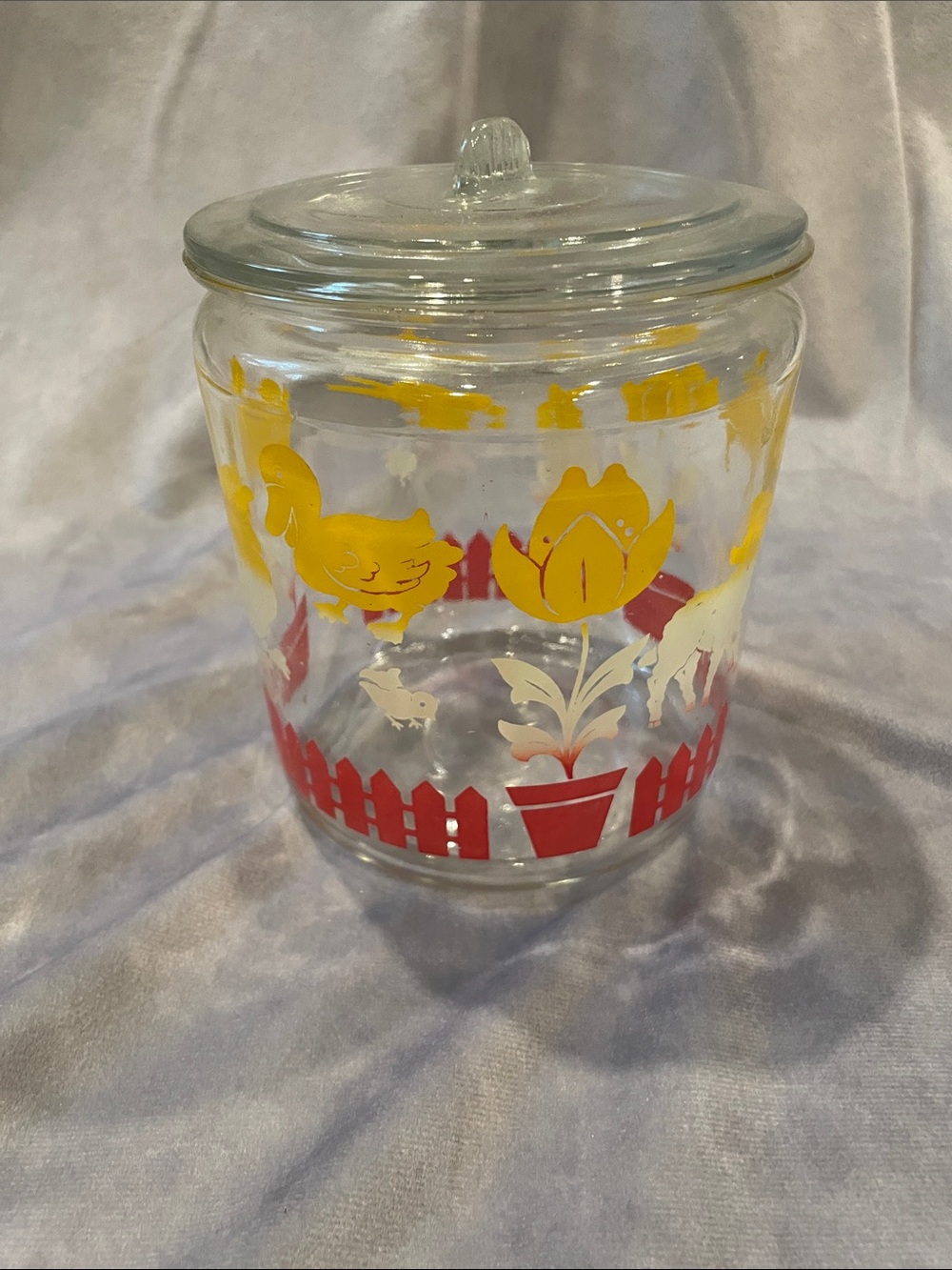 Vintage Glass Canister with Red and Yellow Spring Motif